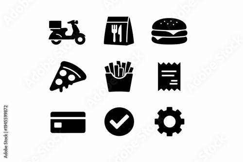 Food delivery icons set: scooter, burger, pizza, fries, payment, gear, checkmark