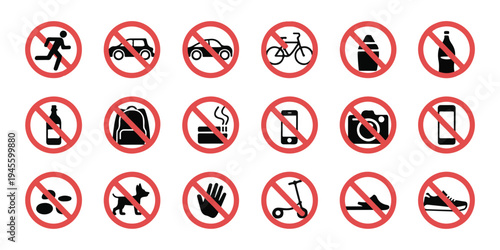 Collection of various prohibition signs including no running, no cars, no bicycles, and no entry