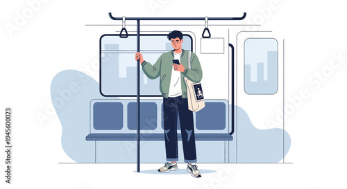 Man using smartphone on public transport, commuting by subway, modern lifestyle