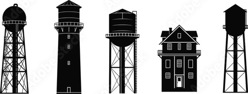 Black silhouette illustration of five structures including water towers, lighthouse, house, and tanks, symbolizing architecture, engineering, construction, 