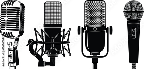 Black silhouette illustration of four different microphones including vintage ribbon, condenser, and dynamic styles, symbolizing audio engineering, broadcasting, 