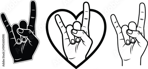 Three hands making rock on signs with a heart