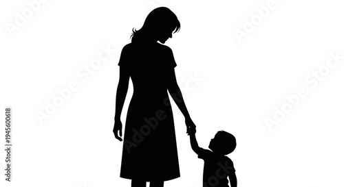 Woman Holding Hand of Little Child Silhouette.