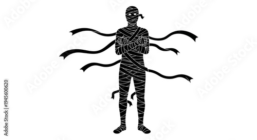 Silhouette of a Mummy Figure with Bandages on White Background.