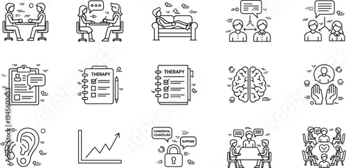 Psychology Therapy and Mental Health Line Icons Set with Counseling Brain Therapy Session and Emotional Support Vector