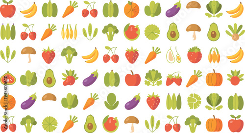 Fresh fruits and vegetables collection healthy organic food assortment colorful vector illustration isolated on white backgroundPrint