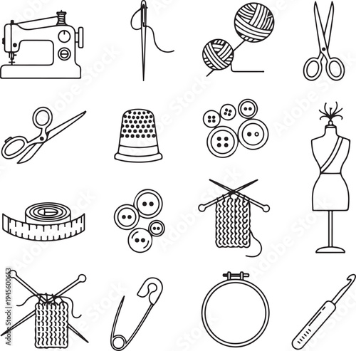 Sewing tools and equipment for fashion design and crafting  various icons