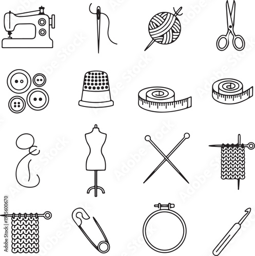 Sewing tools and equipment for fashion design and textile projects  various icons
