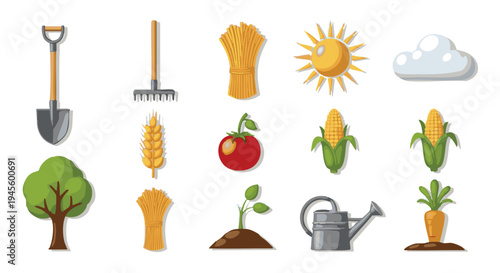 Agricultural on white background including tools plants fruits and grains agricultural farming tools