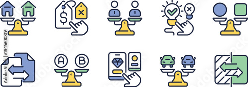Visual representations of various balancing concepts in decision-making and comparisons