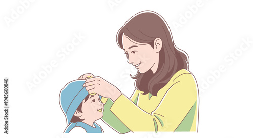 Woman Tenderly Touching Childs Forehead Illustration.