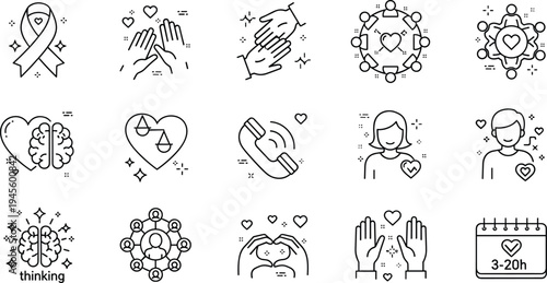 Mental Health Awareness and Support Line Icons Set with Ribbon Care Hands Brain Balance and Therapy Vector