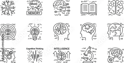 Brain Science and Cognitive Thinking Line Icons Set with Memory Intelligence Neural Network and Neuroscience Vector