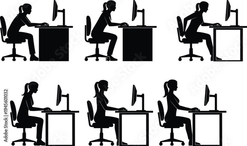 Black silhouette illustration of six computer desk postures showing poor and correct ergonomics, representing healthy workstation setup, office design, posture awareness, and workplace artwork
