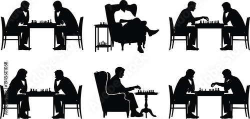 Black silhouette illustration of six chess scenes with players seated at tables, symbolizing strategy, focus, competition, concentration, board game culture, and artwork projects