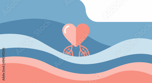 Abstract Heart with Lungs Illustration, Health Care Concept, Blue and Pink Waves Background