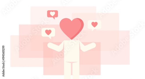 Abstract Human Figure with Heart Head and Social Media Likes