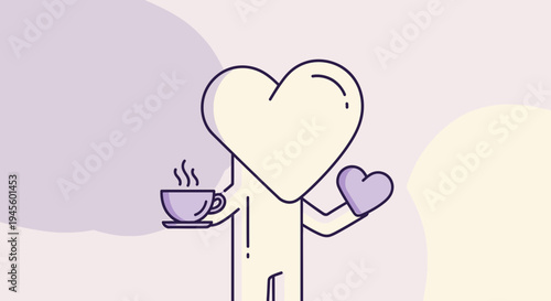 Abstract Character with Heart Head Holding Coffee Cup and Heart Shape