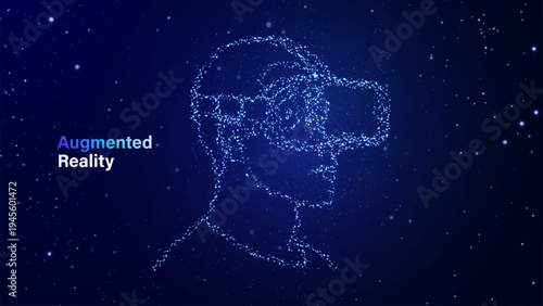 Concept of virtual reality technology, graphic of a user wearing VR headset. Digital illustration of a human head profile formed by blue glowing particles wearing a virtual reality headset. 