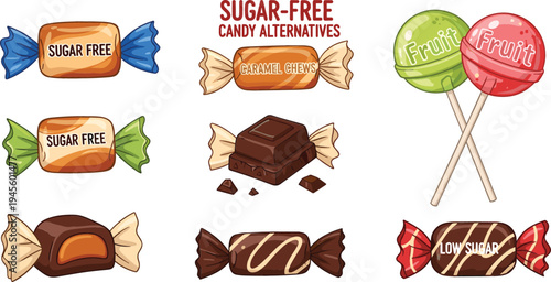 Sugar-Free Candy Alternatives and Fruit Lollipops Set Featuring Caramel Chews, Low-Sugar Sweets, and Healthy Treats for Diet-Friendly Graphics