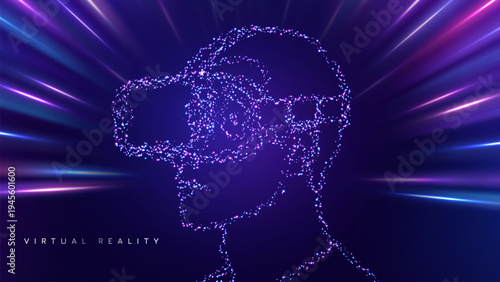 Concept of virtual reality technology, graphic of a user wearing VR headset. Digital illustration of a human head profile formed by blue glowing particles wearing a virtual reality headset. 