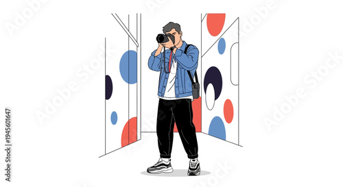 Man with Camera Photographing Modern Art Installation