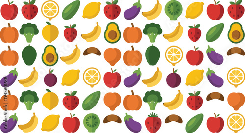 Fresh fruits and vegetables collection healthy organic food assortment colorful vector illustration isolated on white backgroundPrint