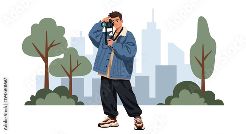 Man with camera exploring city park, urban nature, modern lifestyle