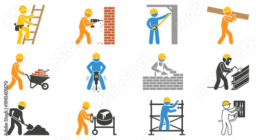 Set of construction worker icons showing various building and repair tasks
