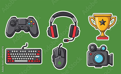 Gaming and Esports Sticker Set with Controller, Headset, Mechanical Keyboard, Gaming Mouse, and Trophy on green background
