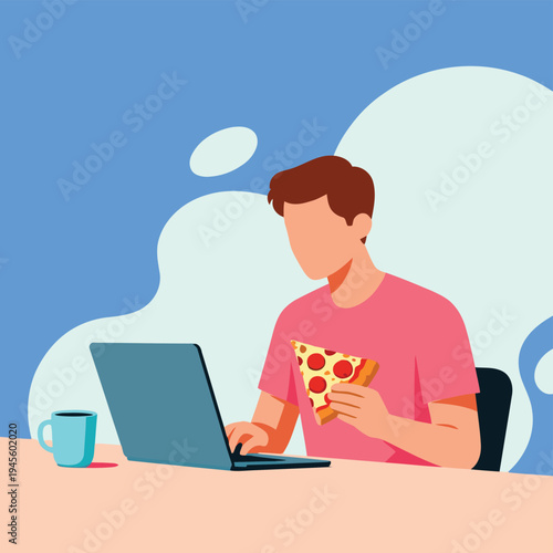 An illustration of a man working on a laptop while eating a slice of pepperoni pizza at a desk with a mug.