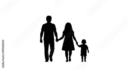 Silhouette of Family Walking Together Hand in Hand.