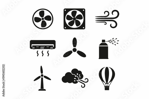 Icons of fans, airflow, spray can, and hot air balloon in black silhouettes