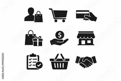Shopping icons collection: bag, cart, handshake, store, gift, money, basket, card