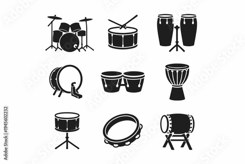 Variety of percussion instruments featuring drums, congas, and tambourine
