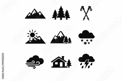 Outdoor adventure icons: mountains, forest, hiking, weather