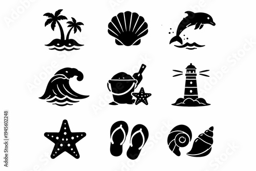 Beach icons collection: seashell, dolphin, palm trees, lighthouse, wave, starfish, flip-flops