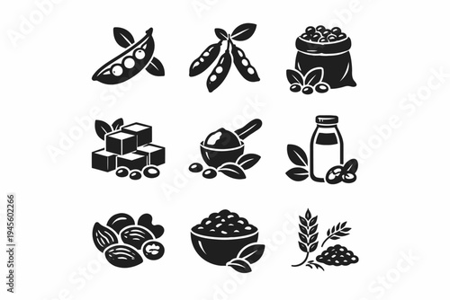 Soybean and grain icons: beans, milk, tofu, nuts, and cereal illustrated set