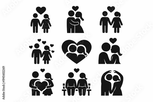 Romantic couple symbols with heart icons in various poses