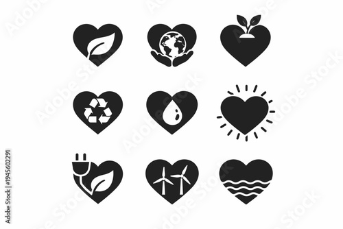 Heart-shaped eco icons: sustainability, recycling, renewable energy, environment, conservation