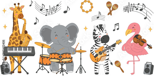 Cute Animal Music Band with Giraffe Elephant Zebra and Flamingo Playing Instruments Cartoon Vector Illustration