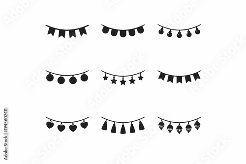 Decorative hanging garlands: stars, hearts, bunting, lanterns, circular patterns