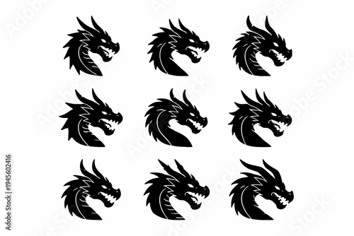Collection of nine black silhouette dragon heads in profile view