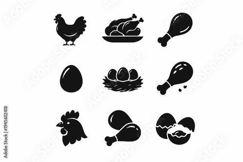 Chicken and egg icons collection: drumsticks, nest, whole chicken, eggs