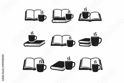 Cozy reading icons with coffee and books in black and white design