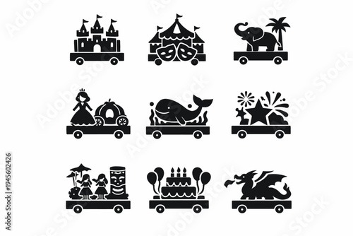 Silhouette parade floats with circus, castle, and festive icons