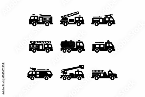 Collection of distinct fire truck silhouettes in various styles and configurations
