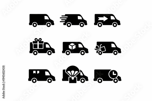 Set of delivery van icons with parcel symbols and dynamic motion indicators
