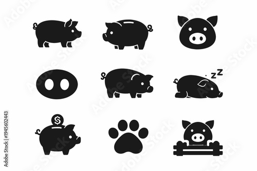 Set of black pig silhouettes and icons with paw and piggy bank