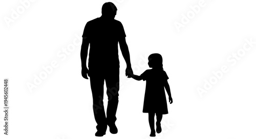 Silhouette of Man and Little Girl Walking Together.